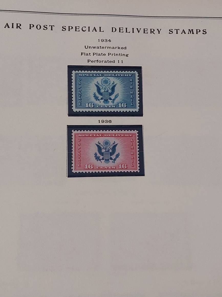 1934 special delivery 16 cent stamp, mint unhinged and 1936 unhinged mint 16 cent us stamps, excellent condition gifts for him