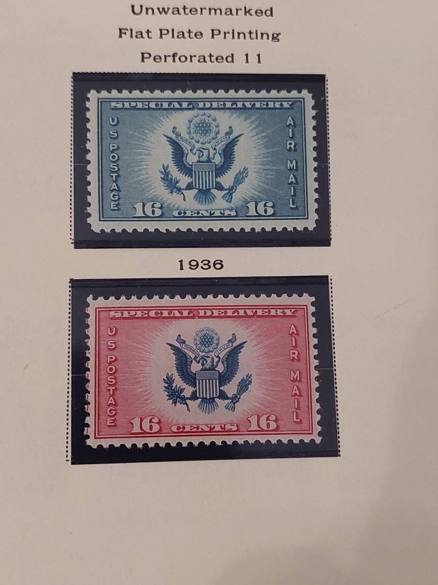 1934 special delivery 16 cent stamp, mint unhinged and 1936 unhinged mint 16 cent us stamps, excellent condition gifts for him