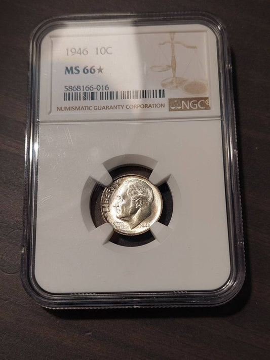 1946p silver Roosevelt dime, ngc graded mss66 star. Only one percent of graded ngc stars get stars. Rare!! Ships free