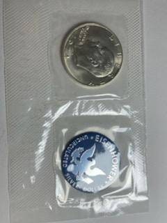 Eisenhower dollar ike, "blue ike" 1970s silver dollar 40percent silver  in mint envelope, us coin collecting ike dollar, gifts for him