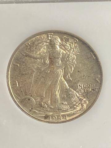 1944 walking liberty silver half dollar, ww2 graded coin AU58 toned by PCI us coins