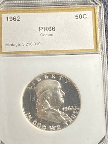 1962 Ben Franklin silver half dollar,  proof graded coin proof66 cameo designated,  graded by pci