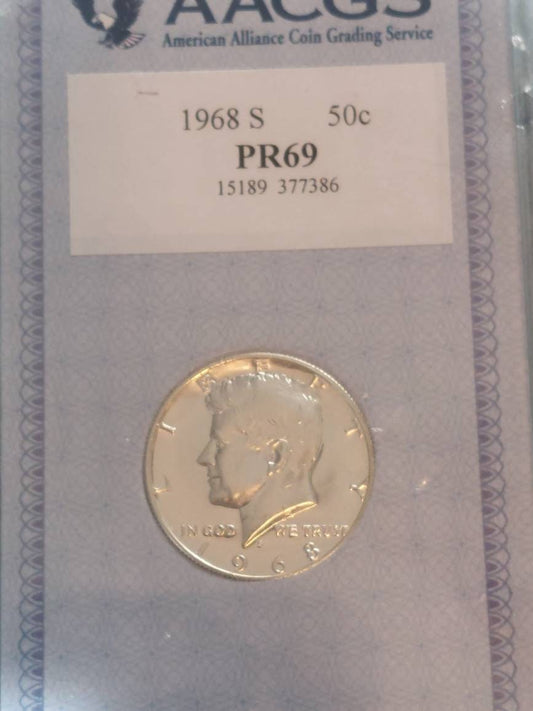 1969s proof Kennedy half dollar, 40 percent silver us coin collecting,  graded proof 69! Near perfect.