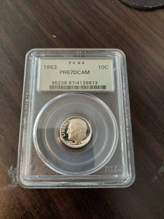 1963 silver Roosevelt dime, graded proof 67 cameo by pcgs in old green holder, us coin collecting