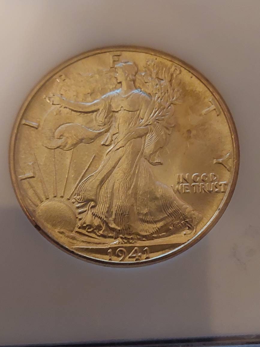 1941 walking liberty silver half dollar coin, graded ms64 golden toned near gem example, us coin collecting