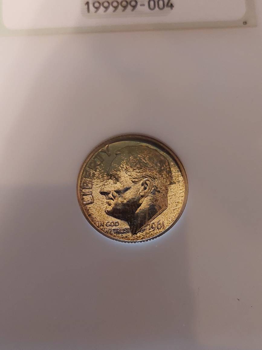 1961 proof Roosevelt silver dime, graded proof65 sample in old ngc fatty holder, lovely dual sided toning, us coin collecting