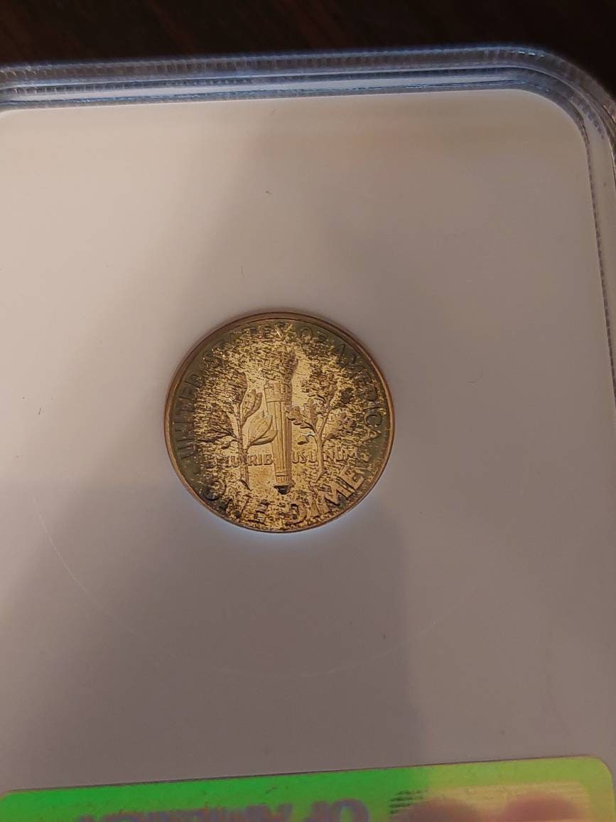 1961 proof Roosevelt silver dime, graded proof65 sample in old ngc fatty holder, lovely dual sided toning, us coin collecting