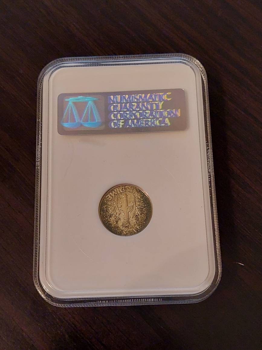 1961 proof Roosevelt silver dime, graded proof65 sample in old ngc fatty holder, lovely dual sided toning, us coin collecting