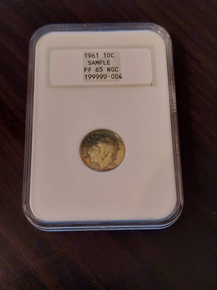 1961 proof Roosevelt silver dime, graded proof65 sample in old ngc fatty holder, lovely dual sided toning, us coin collecting