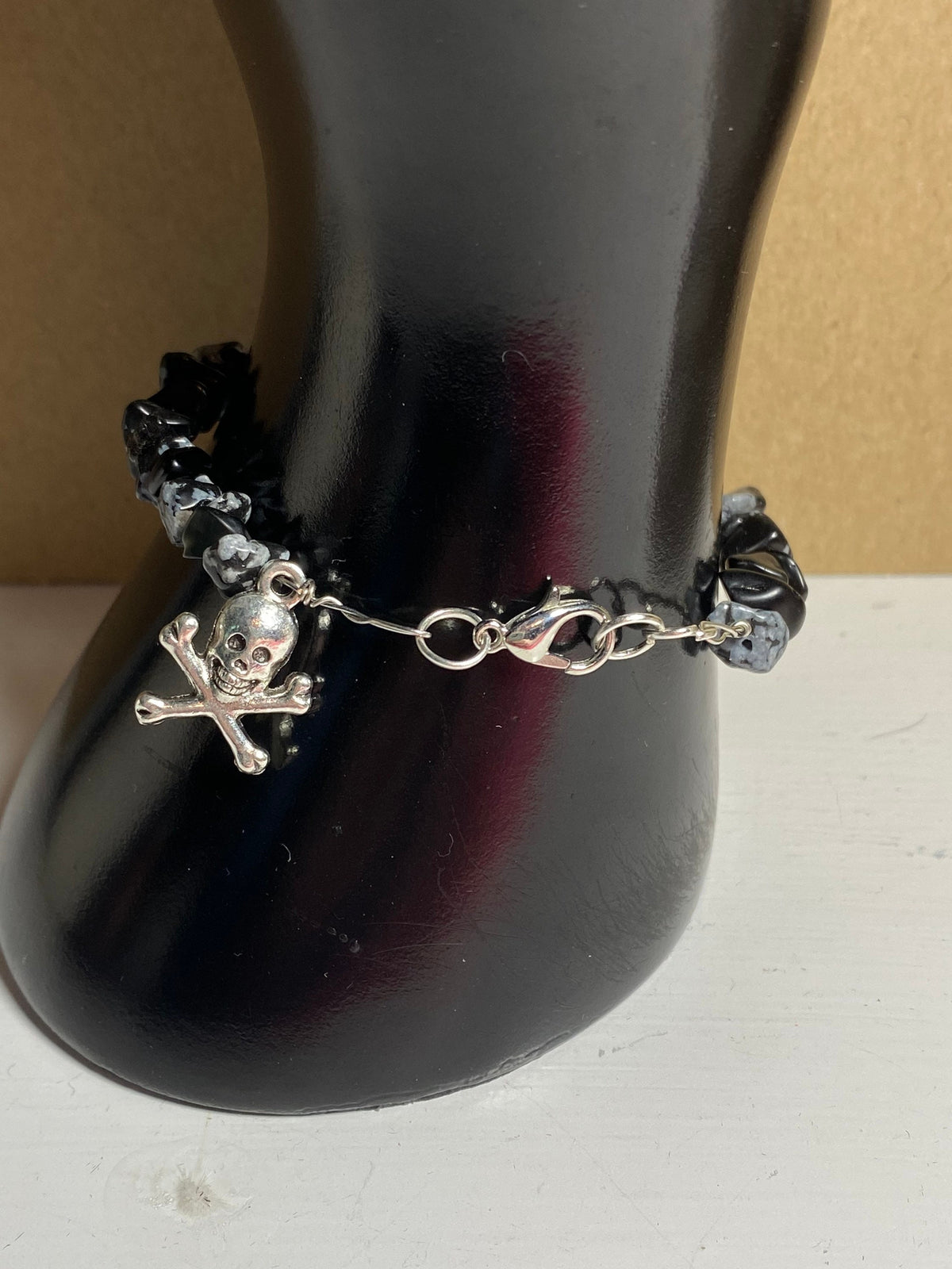 Black crystal skull bracelet, handmade, artisan women's jewelry, unique chic