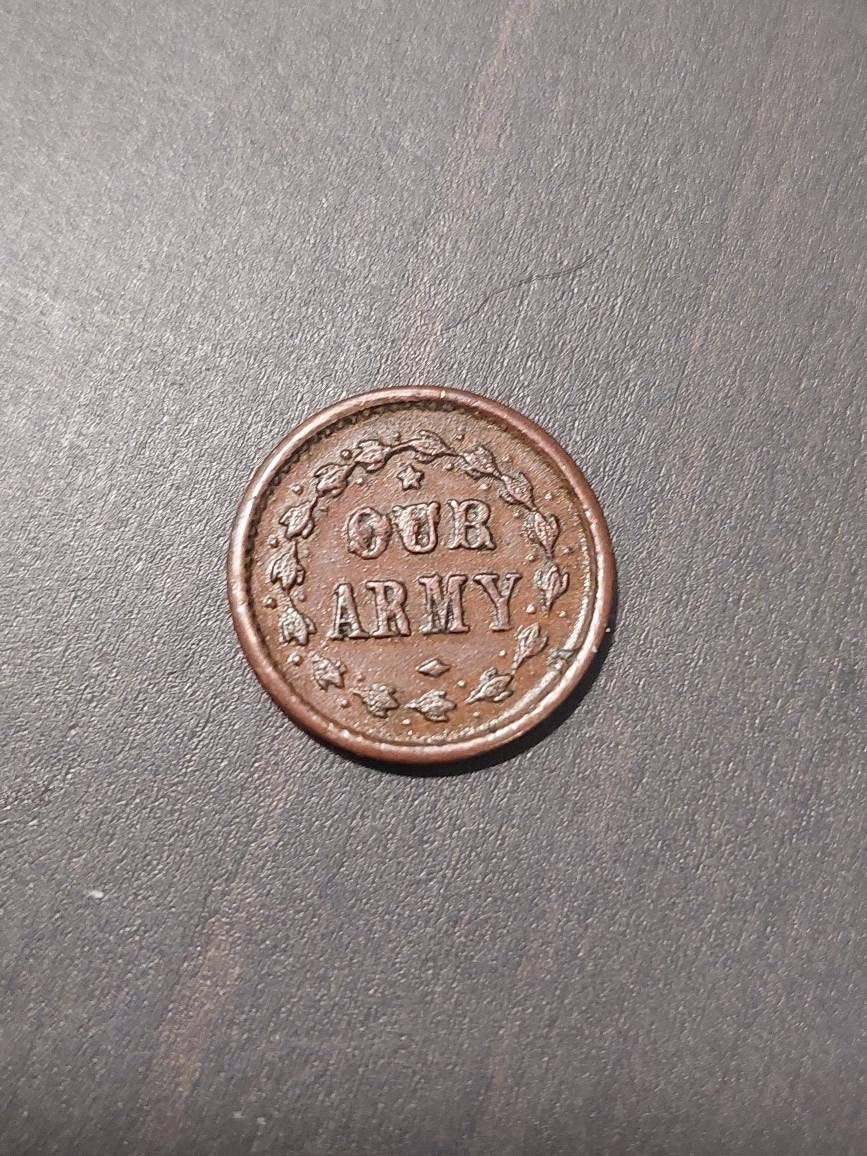 1863 civil war token, indian head design, our army with die cracks, us coin collecting