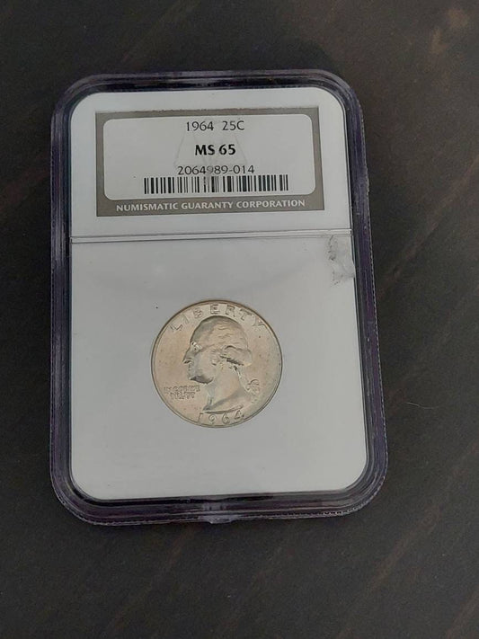 Ngc graded Washington 1964 silver quarter, gem uncirculated ms65 graded us coin