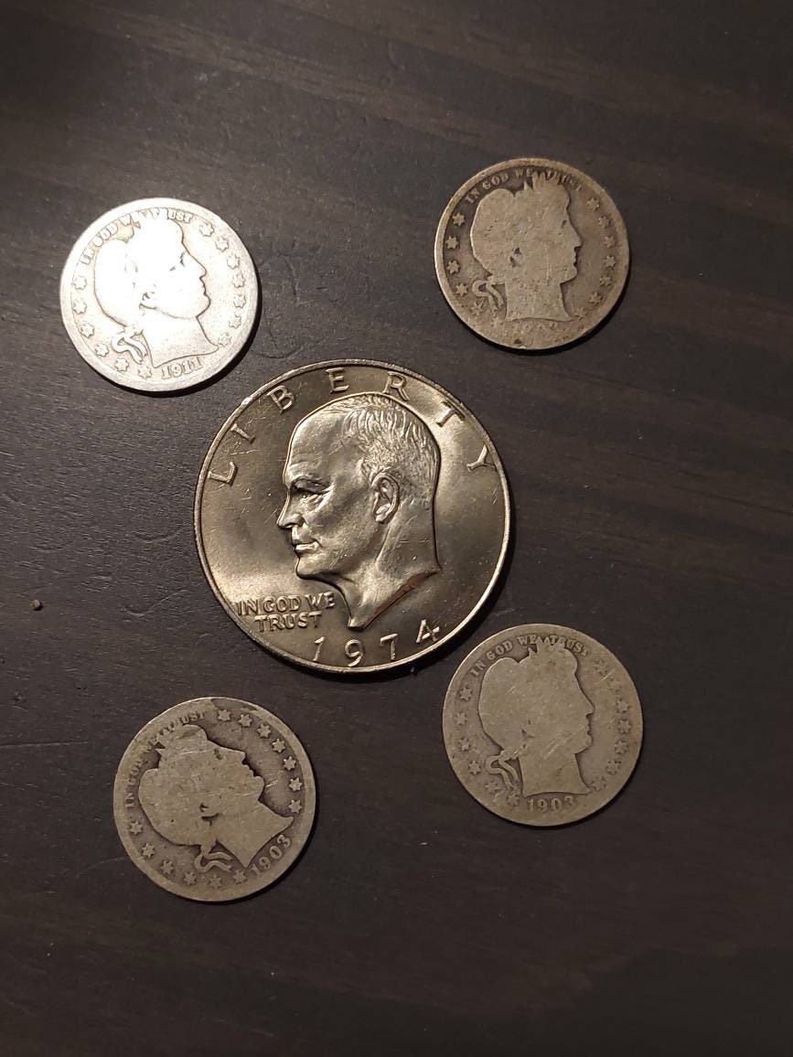 4 barber silver coin lot, with uncirculated 1970s ike dollar, great us coin lot, us coins