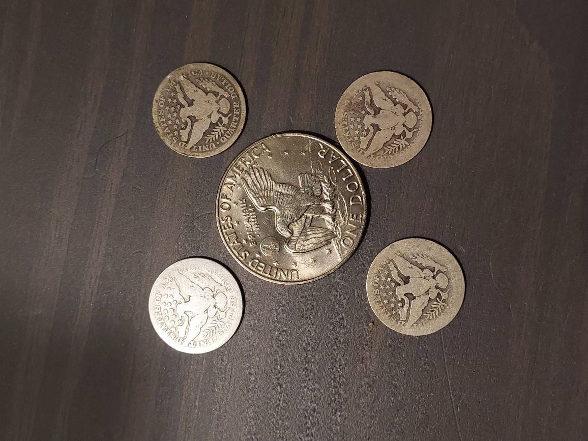 4 barber silver coin lot, with uncirculated 1970s ike dollar, great us coin lot, us coins, gifts for him
