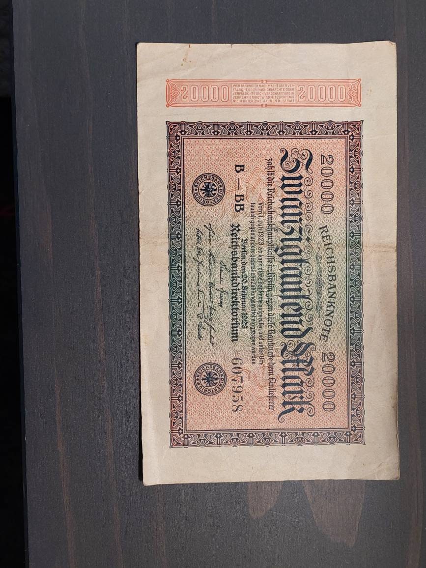 German inflation money, 1923 20,000 marks antique paper money, history coin collecting