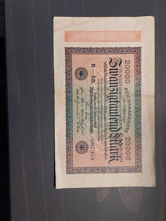 German inflation money, 1923 20,000 marks antique paper money, history coin collecting