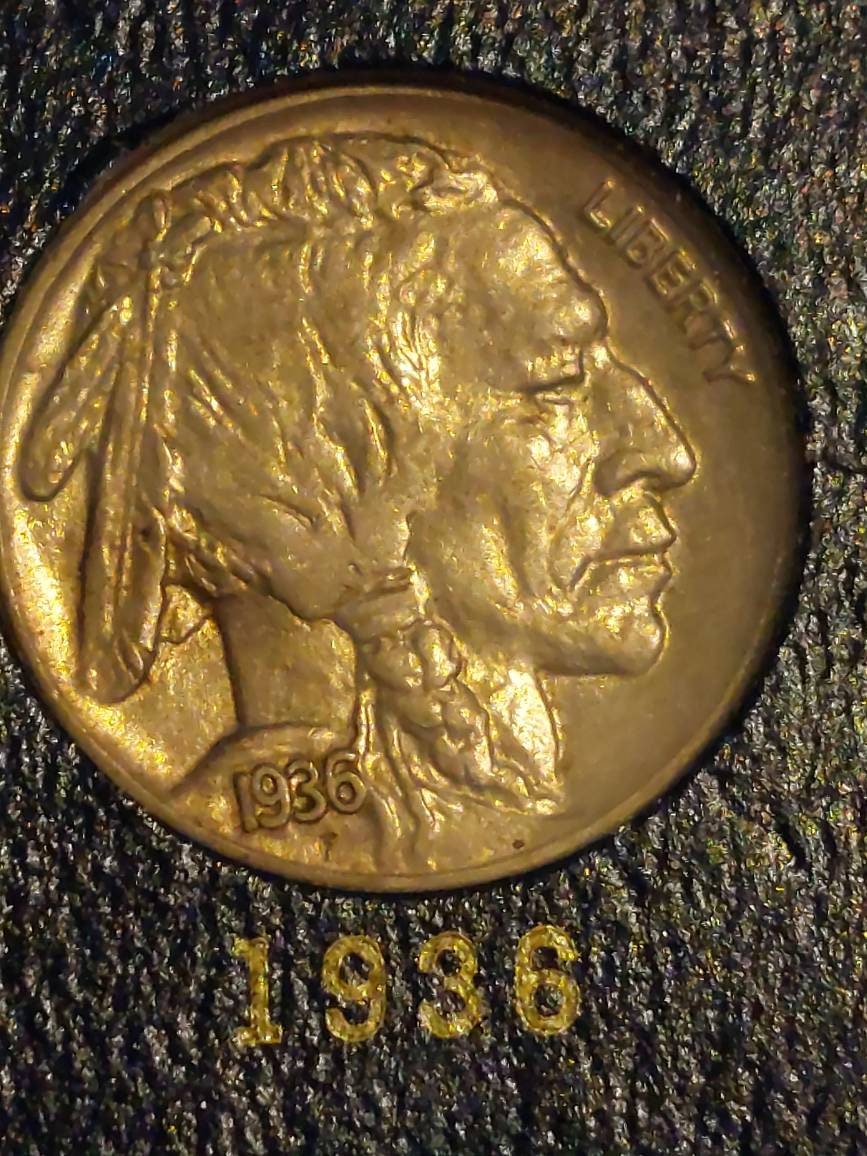 Buffalo nickel coin, 1936p high grade almost uncirculated/ mint state full horn coin, us vintage money
