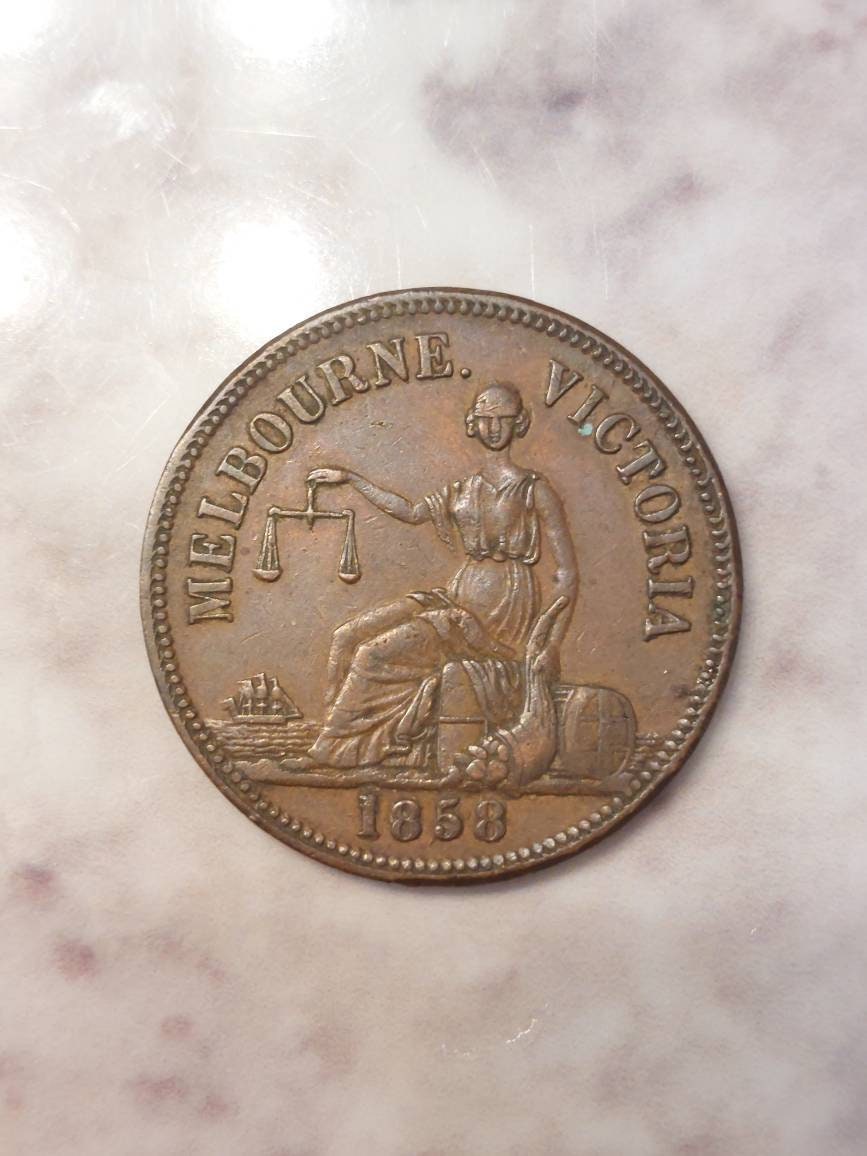 1858 Australia large penny token, queen Victoria city of Melbourne Bank token. Very rare and very nice, large copper cent