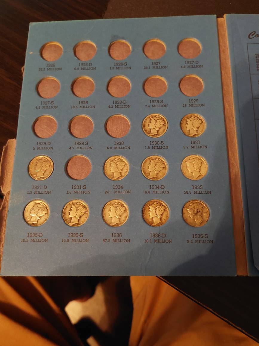33 mercury silver dime,  vintage us coin book, gifts for him, includes better 1931d date, and 4 almost uncirculated 1940s coins