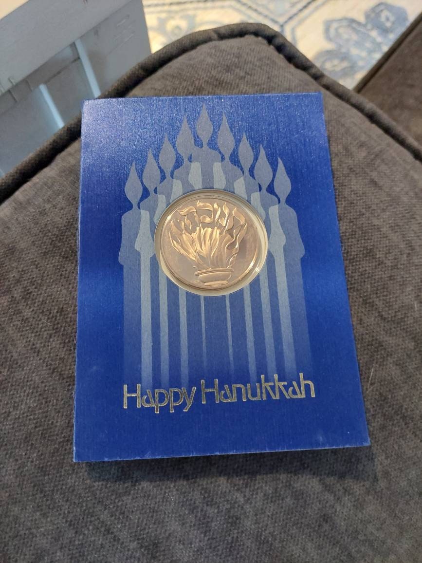 Vintage Jewish happy hannakuah card, with large bronze medallion for celebration of the holidays,  coin collecting