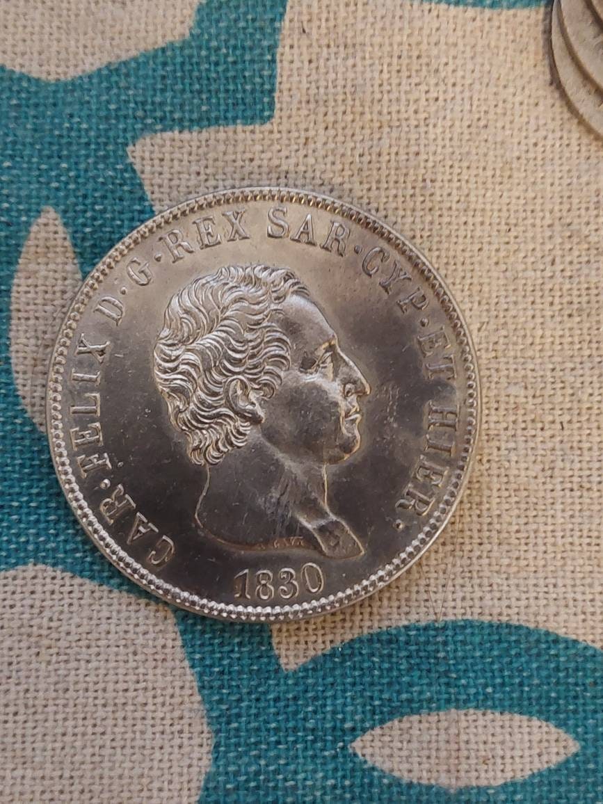1830 Italian states 5 lire coin, Sardinia large silver crown coin, very rare European coin, high grade details