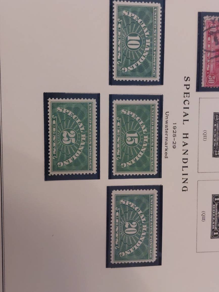 1925 special handling stamp lot, 4 mint unhinged us antique stamps, 10, 15, 20, 25 green stamp set, gifts for him