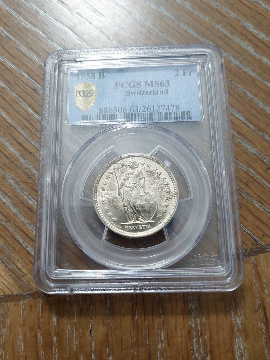 1958 Switzerland silver 2 franc coin, pcgs graded ms63, ships free a rare coin that is graded