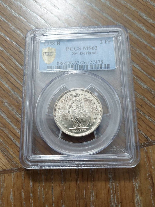 1958 Switzerland silver 2 franc coin, pcgs graded ms63, ships free a rare coin that is graded