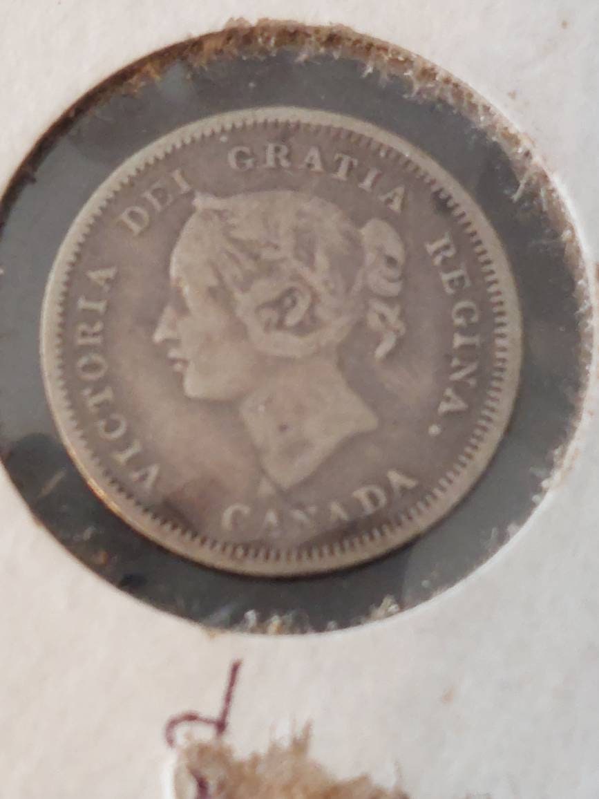 Canada sterling silver 5 cent coin, 1881h half dime, queen Victoria fishscale very fine