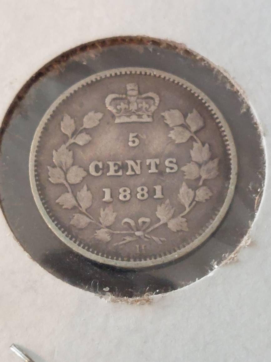 Canada sterling silver 5 cent coin, 1881h half dime, queen Victoria fishscale very fine
