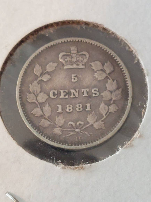 Canada sterling silver 5 cent coin, 1881h half dime, queen Victoria fishscale very fine