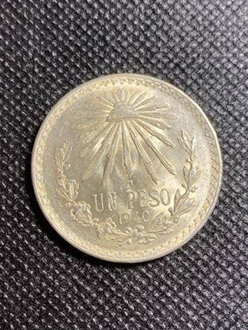 Mexico silver peso, 1940 Mexico city mint, beautiful uncirculated choice coin, large silver dollar world coin collecting