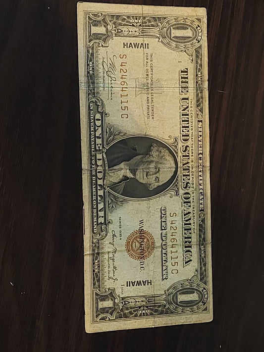 1935 Hawaii emergency issue one dollar silver certificate note, rare old American paper money,  comes with free gift high grade 1957 bill