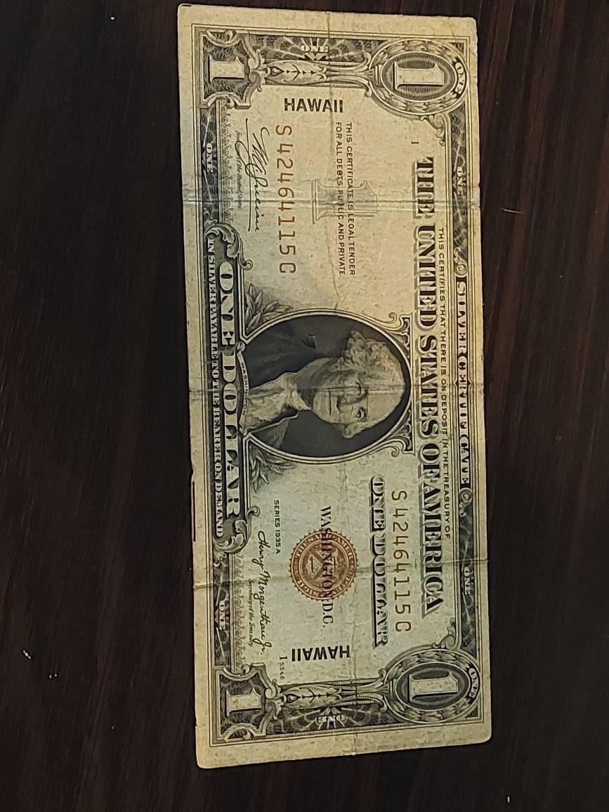 1935 Hawaii emergency issue one dollar note, rare paper money,  comes with free gift high grade 1957 silver bill, gift for him holiday 2022