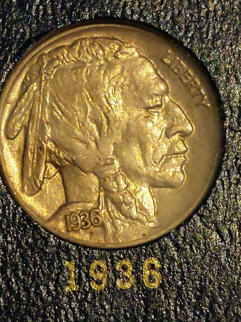 Buffalo nickel coin, 1936p high grade almost uncirculated/ mint state full horn coin, us vintage money