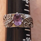 Sterling silver women's statement ring, size 9 large scrolling ring with center amythest stone. Gifts for her