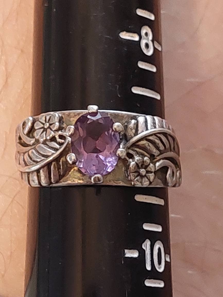 Sterling silver women's statement ring, size 9 large scrolling ring with center amythest stone. Gifts for her