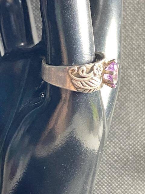 Sterling silver women's statement ring, size 9 large scrolling ring with center amythest stone. Gifts for her