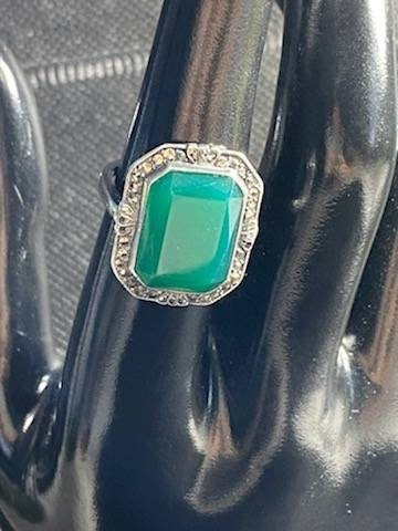 Sterling silver women's ring, size 6 antique jewelry  with maracite detail and large green center stone, gifts for her