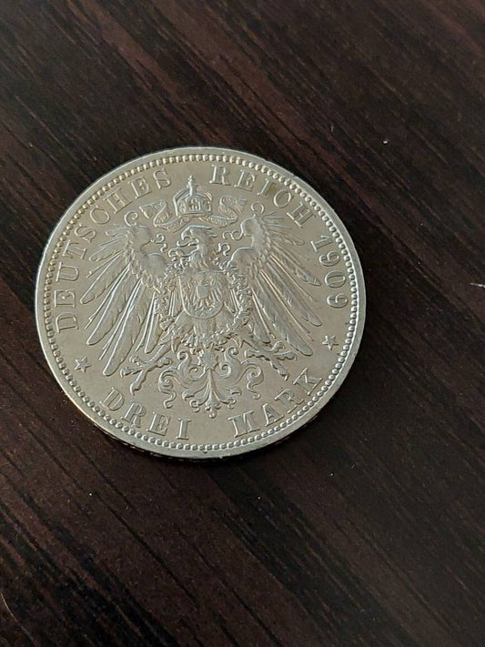 1909a German drei mark large silver coin, high grade European coin collecting