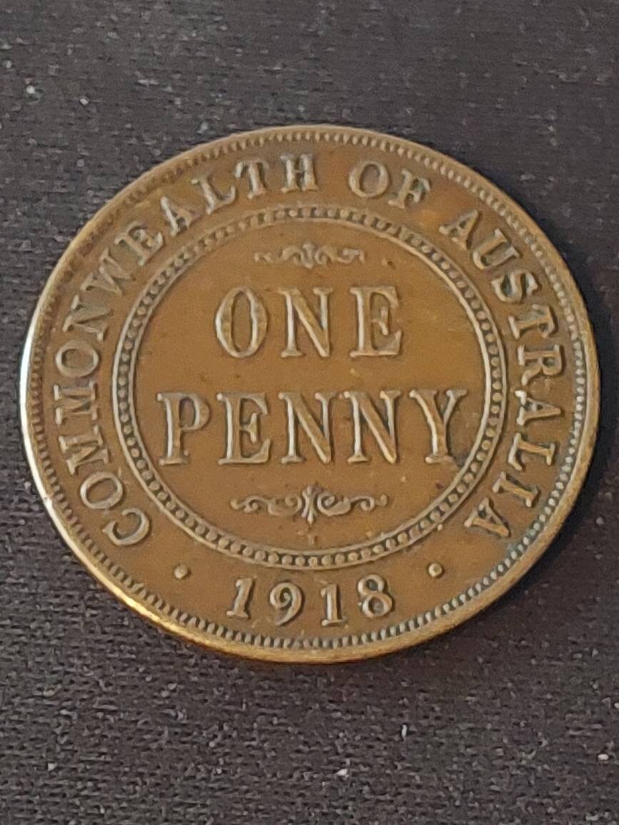 1918 Australia king george penny, rare date very fine coin, foreign coin collecting