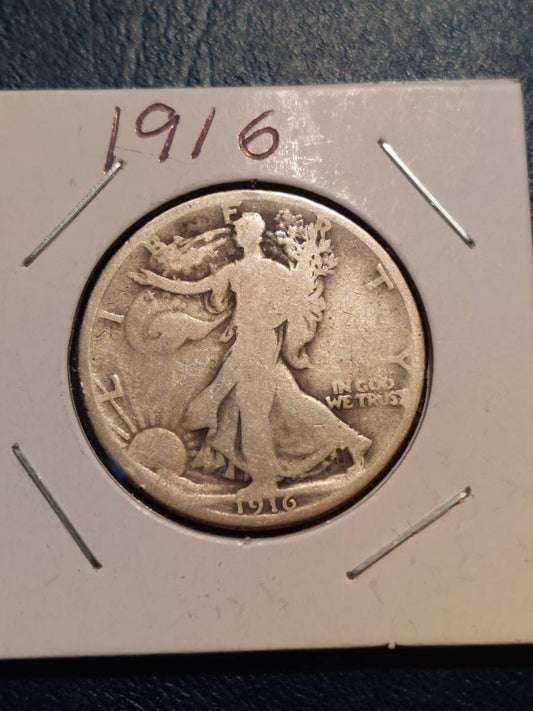1916 walking liberty half dollar, semi key date low mintage silver coin, gifts for him