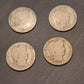 4 barber silver quarter dollar coins, antique circulated American coin collecting, bundle lot