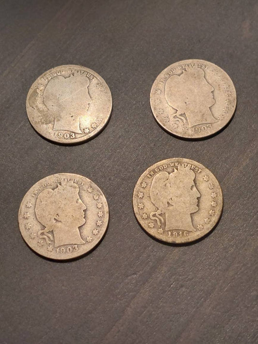 4 barber silver quarter dollar coins, antique circulated American coin collecting, bundle lot