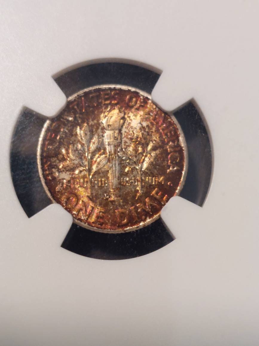 1953d Roosevelt silver dime, ngc graded ms64 full torch, beautiful toned vintage American coin