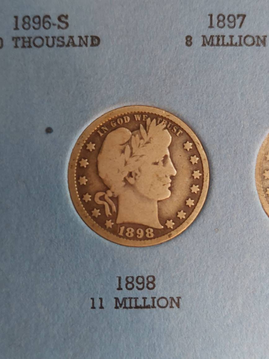 1898 barber silver quarter coin,  better date, nice condition,  antique American coin