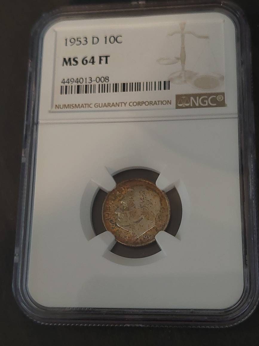 1953d Roosevelt silver dime, 90 percent silver, graded ms64 full torch by ngc