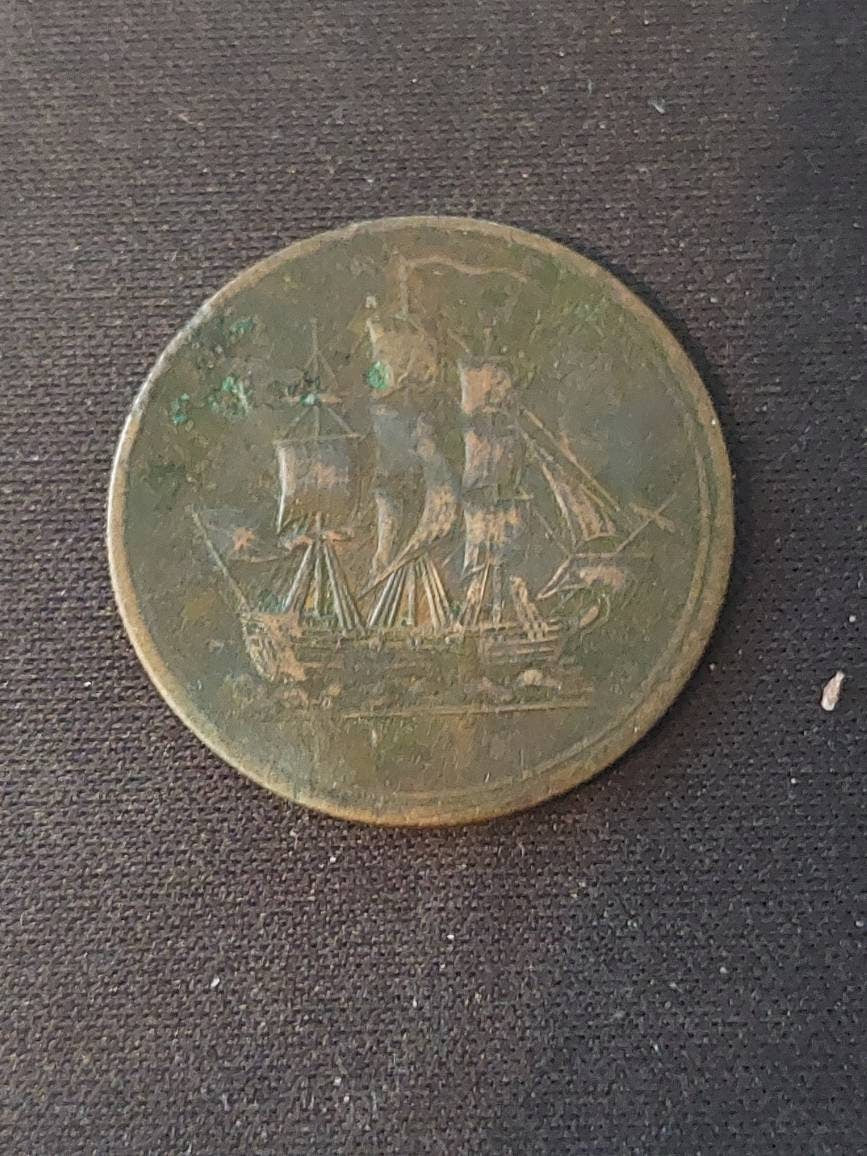 British half penny condor token, 1815 ships token, antique large cent colonial era coin