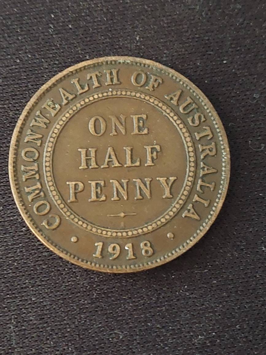 Australia 1918 semi key date, half penny, king george rare copper foreign coin