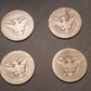 4 barber silver quarter dollar coins, antique circulated American coin collecting, bundle lot